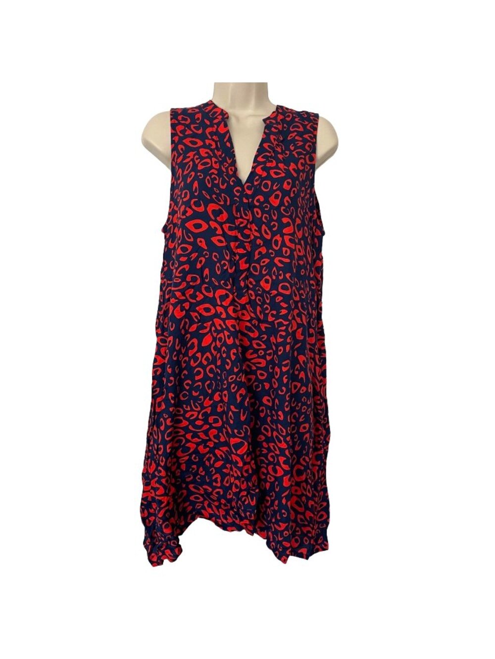 Escapada Elina Dress Navy Blue Orange Cheetah Print Sleeveless Button Front Sz M